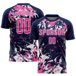 Maillot de football personnalisé bleu marine rose et blanc par sublimation
