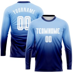 Maillot de football personnalisé à manches longues, bleu clair, blanc et bleu marine, imprimé par sublimation