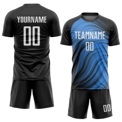 Maillot de football personnalisé bleu clair, blanc et noir, sublimation Maillot de football personnalisé bleu clair, blanc et noir, sublimation