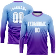 Maillot de football personnalisé à manches longues, bleu clair, blanc et violet, imprimé par sublimation