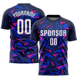 Maillot de football personnalisé à sublimation bleu marine, blanc et rose