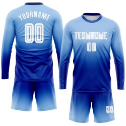 Maillot de football personnalisé à manches longues, bleu clair, blanc et royal, par sublimation Maillot de football personnalisé à manches longues, bleu clair, blanc et royal, par sublimation