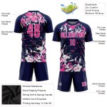 Maillot de football personnalisé bleu marine rose et blanc par sublimation Maillot de football personnalisé bleu marine rose et blanc par sublimation