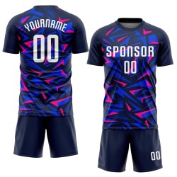 Maillot de football personnalisé à sublimation bleu marine, blanc et rose Maillot de football personnalisé à sublimation bleu marine, blanc et rose