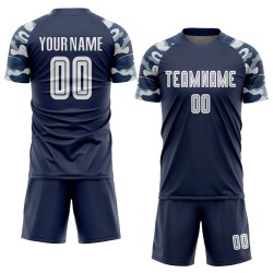 Maillot de football personnalisé à sublimation, bleu marine, blanc et camouflage Maillot de football personnalisé à sublimation, bleu marine, blanc et camouflage