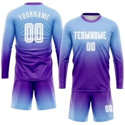 Maillot de football personnalisé à manches longues, bleu clair, blanc et violet, imprimé par sublimation Maillot de football personnalisé à manches longues, bleu clair, blanc et violet, imprimé par sublimation